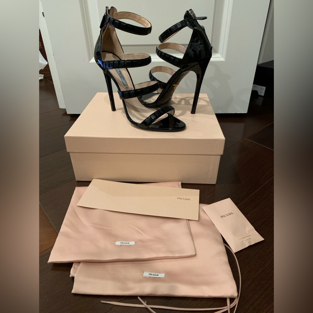 Prada Black Patent Sandal Heels SZ 39.5